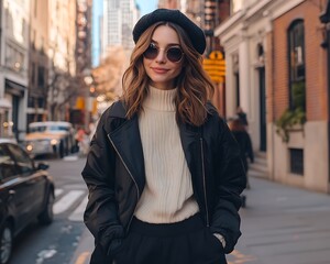 Obraz premium Woman in beret on city street