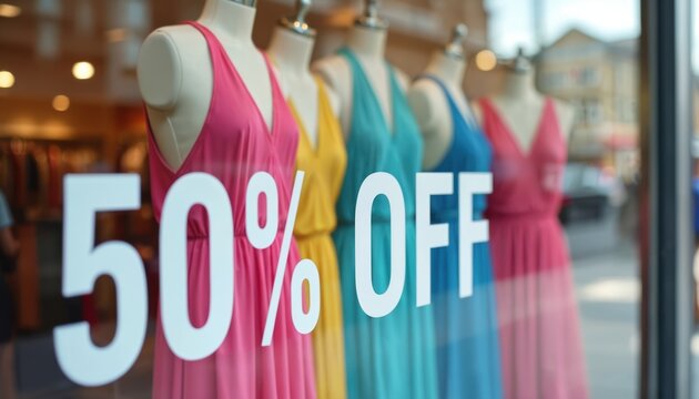 Retail women clothing store exterior with 50 off sale sign on glass window door. Special discount price offer, summer promo, halved cost advertising, marketing concept.