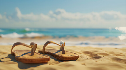 Comfortable Stylish Sandals on Pristine Sandy Beach Perfect for Summer Getaway and Leisure