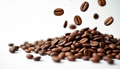 Naklejka premium Large arabica coffee beans levitate above pile on white background. Roasted brown grains falling. Coffee shop concept, cafe advertisement layout. Creative drink design. Energy espresso ingredient.