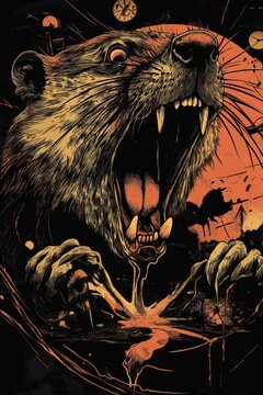 Roaring beaver with clock and exploding background