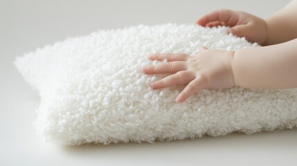 Soft White Pillow with Cute Baby Hands Touching the Surface