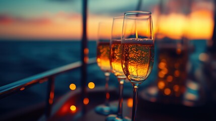 Obraz premium Sparkling drinks in elegant glasses at sunset on a boat, celebrating a special moment with friends on the water