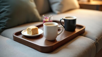 Couch Cup Holder. Cozy beige sofa with brown wooden tray holding white coffee mug, black espresso cup, plate with scone, morning breakfast, home comfort, relaxed atmosphere, warm lighting, casual din