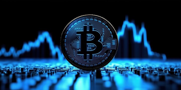 Visual representation of technical analysis focusing on cryptocurrency with a prominent logo on a digital chart - Powered by Adobe