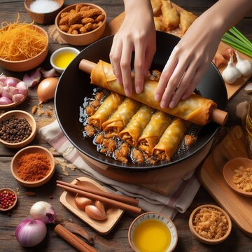 Preparation The filling is stir fried then wrapped and deep frie