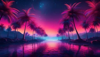Neon tropical night scene: glowing palm trees & deep magenta sky.  Vibrant & exotic nightlife vibe. Ideal for party themes & eye-catching designs.

