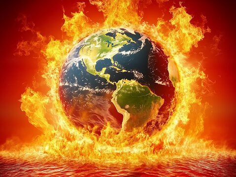 Globe engulfed in flames, climate change risk