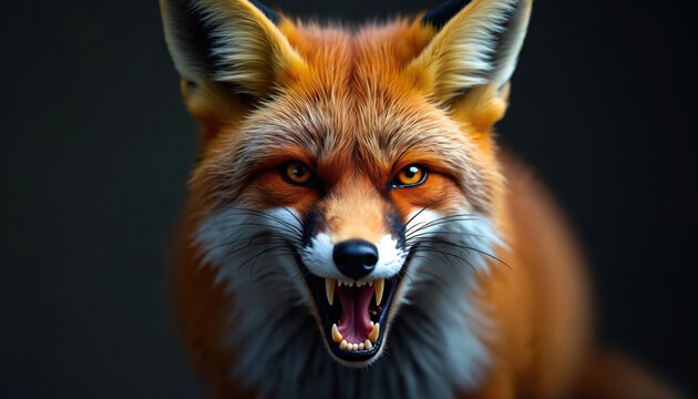 Close-up of angry fox showing its teeth. Wild mammal predator with furious expression. Orange fur, dark eyes and powerful canines. Beast illustration, dangerous animal, background wallpaper.