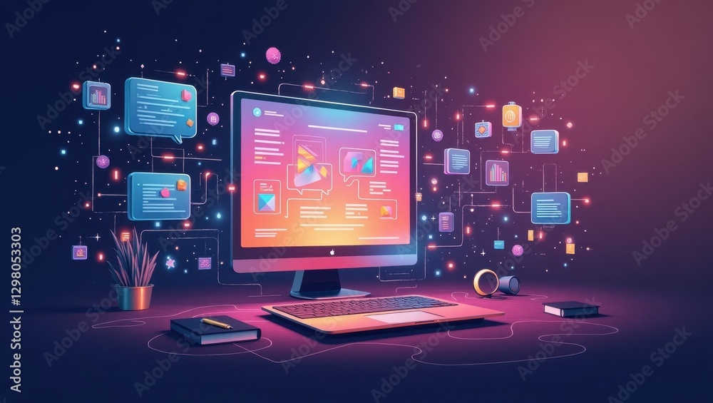 Poster dynamic creative. computer is sitting on desk with many different types of devices