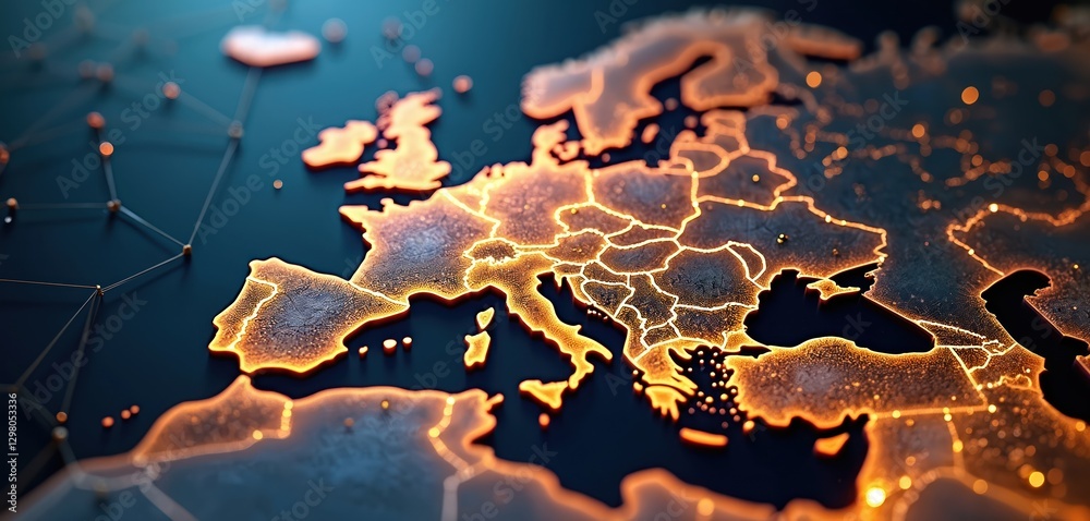 Poster digital glowing map of europe, middle east region with global network connections for connectivity a