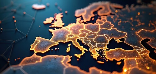 Digital glowing map of Europe, Middle East region with global network connections for connectivity and business exchange. Online communication tech, data transfer for cyber information.