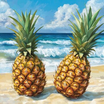 Two Golden Pineapples on Sandy Beach by Ocean Waves