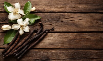 Naklejka premium Elegant vanilla beans with delicate white flowers and green leaves arranged on rustic wooden background for culinary and aromatic themes