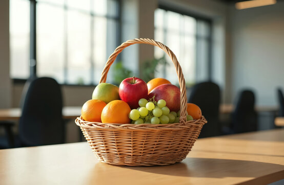 Office desk with fruit basket, concept of healthy eating at workplace. Apples, oranges, grapes in wicker basket. Fresh food boosts energy, improve employees health and wellness. Workplace interior.