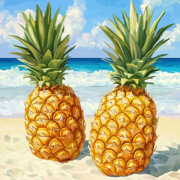 Two Golden Pineapples on Sandy Beach Under Summer Sun
