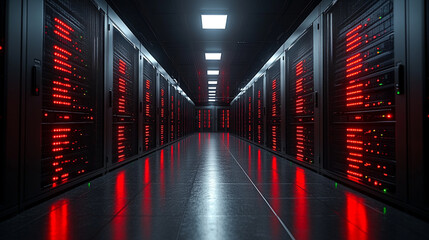 Modern data center interior with black server racks housing computer network infrastructure symbolizing cloud data storage, hardware security, and internet hosting in a high-tech environment