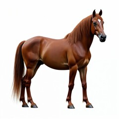 Naklejka premium Majestic brown horse isolated on white background. Graceful equine stands calmly, muscular build, shiny coat. Perfect for equestrian themes, animal lovers, strength concepts. Elegant posture conveys