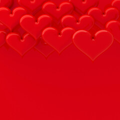 Love background of red glossy balloon hearts as pattern, border with copy space for text on red background. Sweet happy hearts. Realistic 3D rendering for advertising, design, poster, card, flyer.
