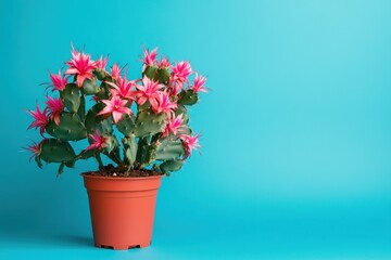 A flowering cactus plant rests in a terracotta colored pot