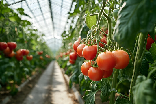 Lush tomato plants thrive in a greenhouse, showcasing vibrant color and healthy growth