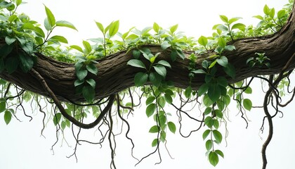 Fototapeta premium Messy jungle vines, liana plants climbing, hanging from tree trunk, twisted around branch, isolated on white. Wild nature elements for background, wallpaper, climbing frame. Natural jungle design