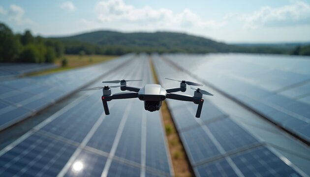 Drone inspects large solar farm, capturing aerial footage of rows of solar panels. Geometric pattern of photovoltaic cells. Drone footage of renewable energy green tech park.