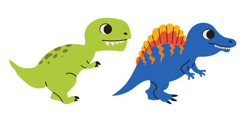 Two dinosaur cute characters colorful prints set. Lovely monsters vector illustration. Simple wild prehistoric animals childish design element doodle collection .