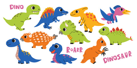 Cartoon dinosaur characters set. Vector colorful flat illustration. Cute dino collection, kids design elements isolated on white background .Hand drawn illustration . © irina