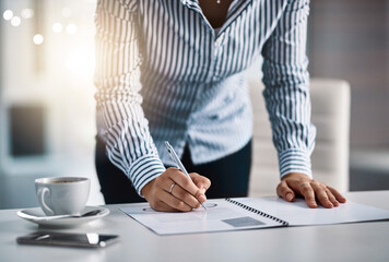 Hands, writing and person with document, office and financial analyst with report, company or...