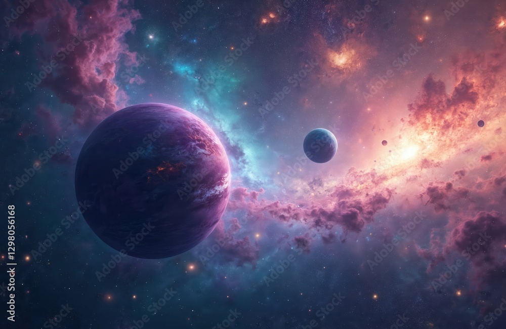 Poster Panorama space scene with planets, stars, nebulae and galaxies. Many light years away deep universe. Large-scale structure 3D render with starry fantasy outer solar clouds and plasma explosion.