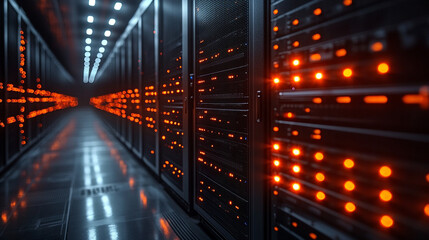 Fototapeta premium Modern data center interior with black server racks housing computer network infrastructure symbolizing cloud data storage, hardware security, and internet hosting in a high-tech environment