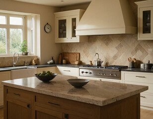Fototapeta premium Light home kitchen interior with stone island, sink and cooking cabinet