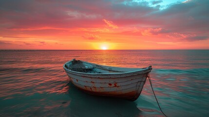 Fototapeta premium Serene sunset over calm ocean with a weathered fishing boat gently bobbing on the water. Peaceful and tranquil scene perfect for travel or relaxation themes.