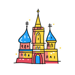 Saint Basil's Cathedral illustration in an doodle inca cartoon style. Simple minimalist drawing of Cathedral of Vasily the Blessed