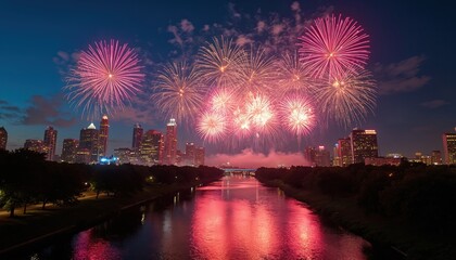 Spectacular fireworks display over Dallas city skyline at night. Pink bursts celebrate Texas Independence Day, reflect in river water. Festive mood illuminates urban cityscape.
