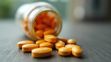 Height Growth Supplement. Orange round vitamin pills spilled from glass bottle on wooden table closeup, healthy supplements for wellness, immunity, daily dosage, natural medicine, bright blurred back