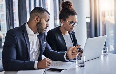 Business, people and laptop for planning in office with trial preparation, case research and policy review. Lawyer, paralegal and typing client contract for court filing, strategy or legal discussion