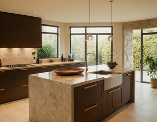 Light home kitchen interior with stone island, sink and cooking cabinet