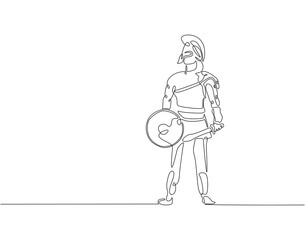 Continuous line drawing of sparta soldier. Single line illustration of greek warrior with armor protection. Ancient war concept. Editable outline