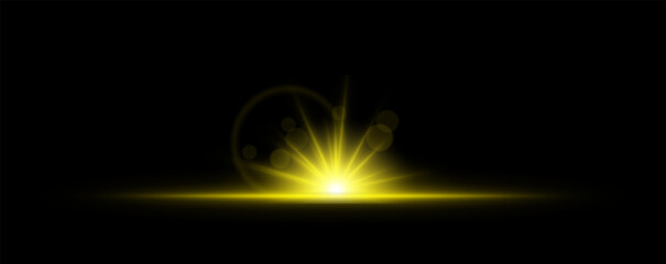 Glowing light burst on a dark background. Bright yellow energy explosion with radiant beams and bokeh effects. Abstract illumination with dynamic flare and glowing particles