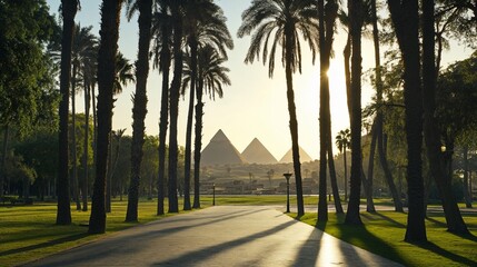 Pyramids of Giza framed by palm trees under warm sunlight in lush garden setting