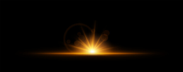 Glowing light burst on a dark background. Bright orange energy explosion with radiant beams and bokeh effects. Abstract illumination with dynamic flare and glowing particles
