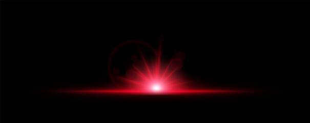 Glowing light burst on a dark background. Bright red energy explosion with radiant beams and bokeh effects. Abstract illumination with dynamic flare and glowing particles