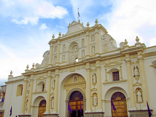 GRANADA, NICARAGUA - March, 2017 : Architectural detail from the yellow cathedral in central Granada Nicaragua.