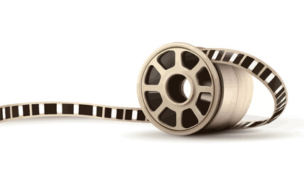 Obraz premium Close-up shot of a film reel against a white background. The reel is beige or light brown with a dark brown or black central hub. A section of the filmstrip is unrolled, showing its characteristic