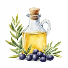 Watercolor illustration of a bottle of olive oil, olive branch, restaurant menu
