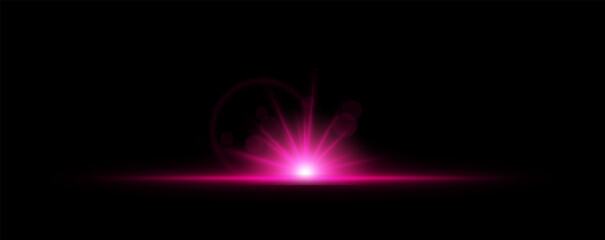 Glowing light burst on a dark background. Bright pink energy explosion with radiant beams and bokeh effects. Abstract illumination with dynamic flare and glowing particles