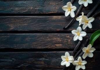 Fototapeta premium Elegant White Flowers on Dark Wooden Background with Vanilla Sticks and Green Leaves for Natural and Organic Themes in Photography
