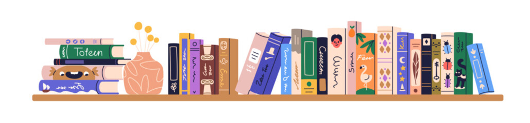 Bookshelf with books. Kids library on shelf. Fiction, education literature standing upright, laying in stack, flowers in vase. Many spines in row. Flat vector illustration isolated on white background © Good Studio